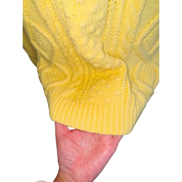 Lands End Yellow Heavy Cable Knit Cowl Neck Sweater Oversized Fisherman Cotton - Picture 11 of 11
